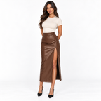 Leather Slit Skirt — brown front