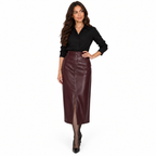 Genuine Leather A-Line Skirt with Front Slit — wine red front