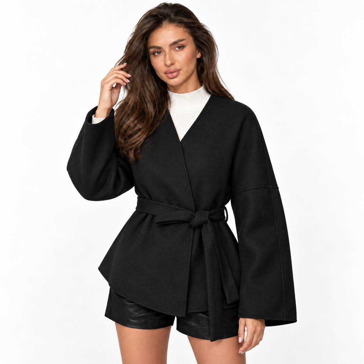 Womens Elegant Belted Trench Coat — black front