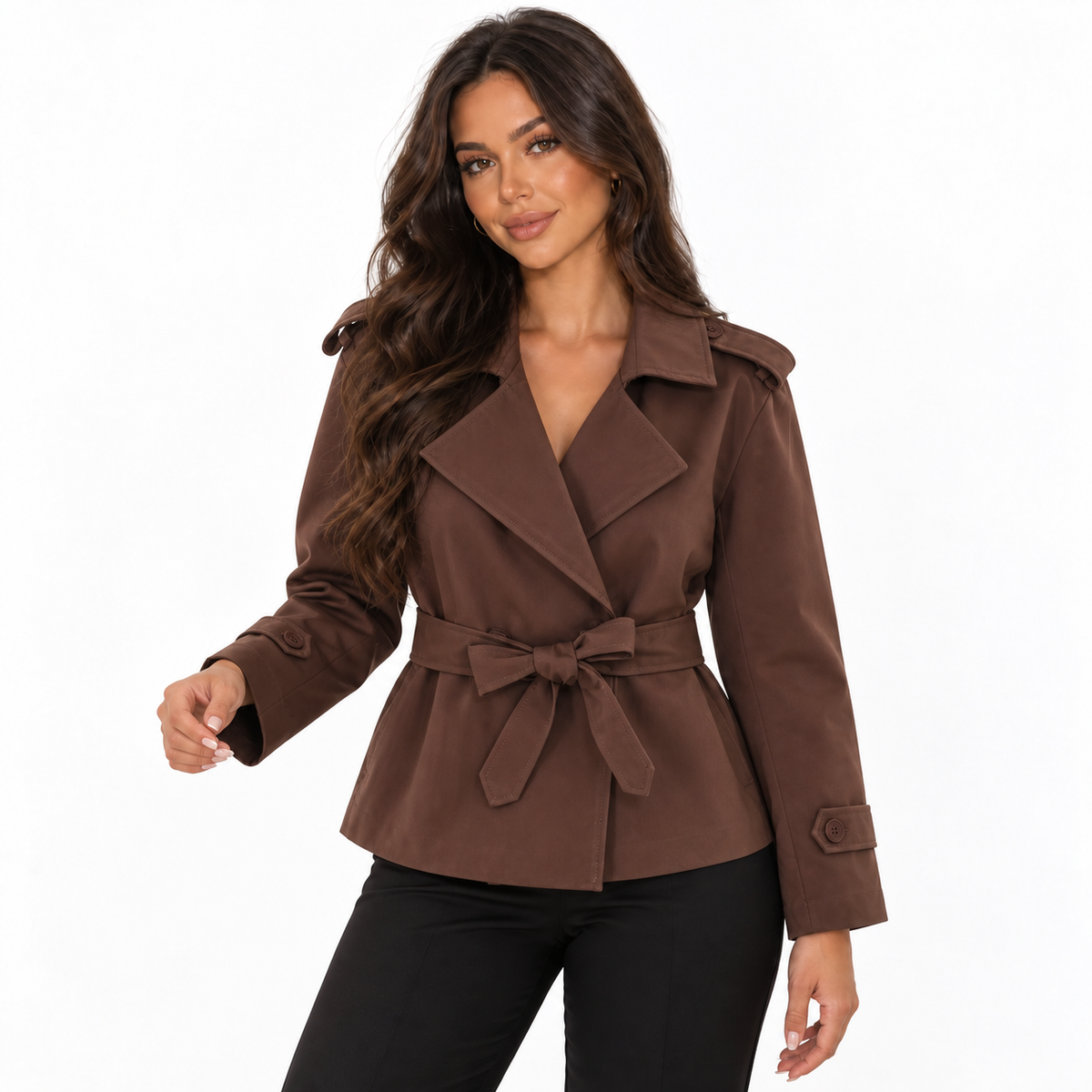 Womens Double Breasted Trench Coat — brown front