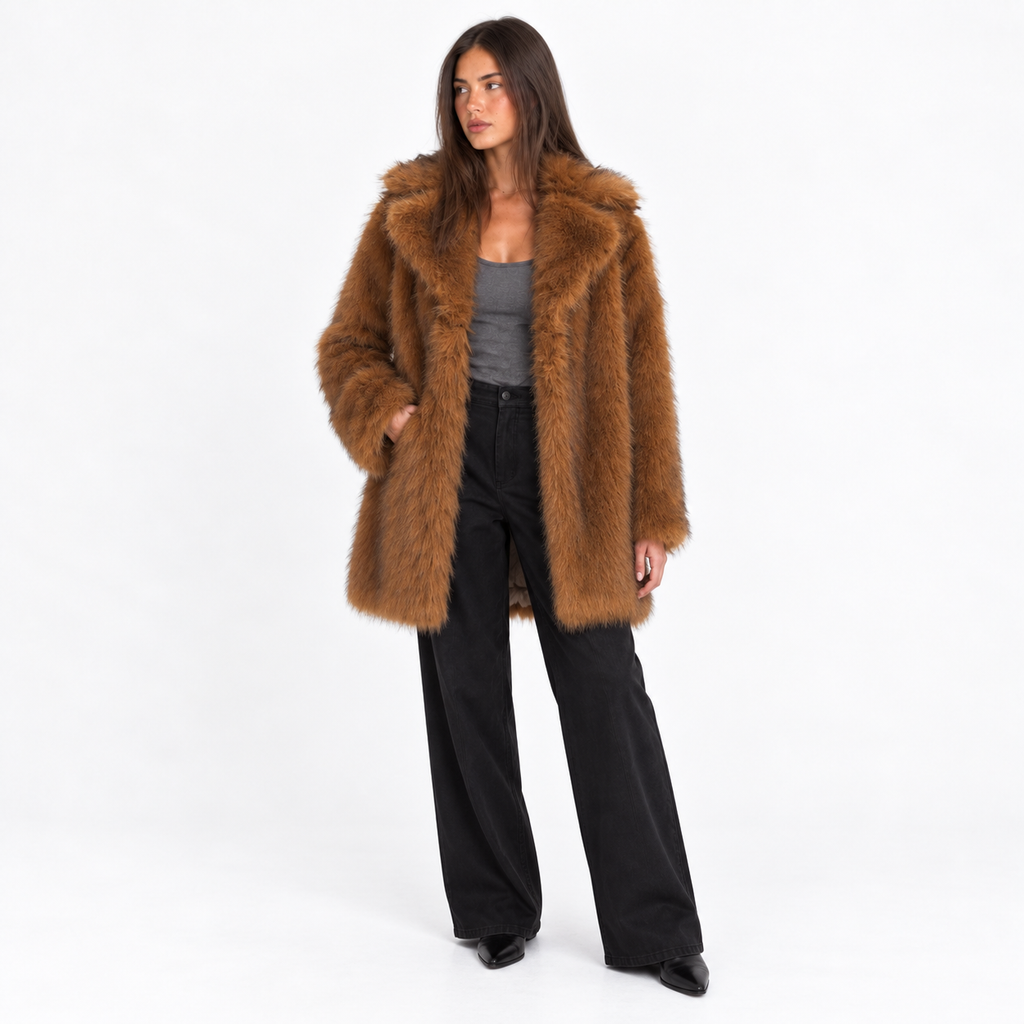 Womens Faux Fur Mid-Length Coat with Extended Collar — caramel extended lapel front