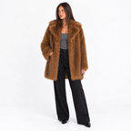 Womens Faux Fur Mid-Length Coat with Extended Collar — caramel extended lapel front