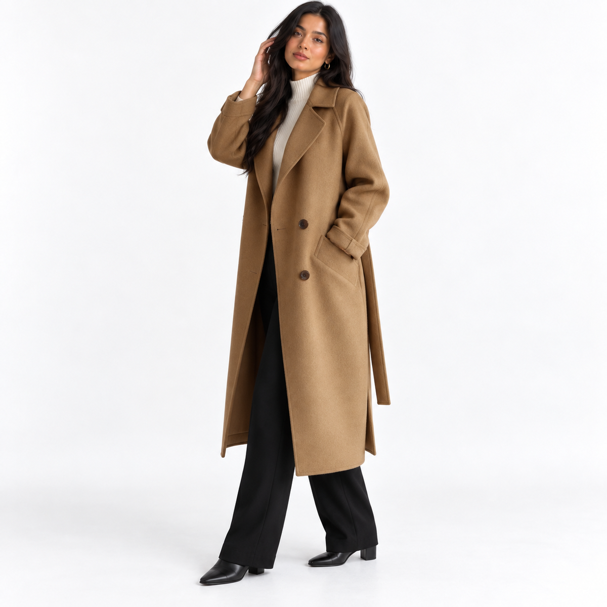 Thick woolen coat — caramel color front