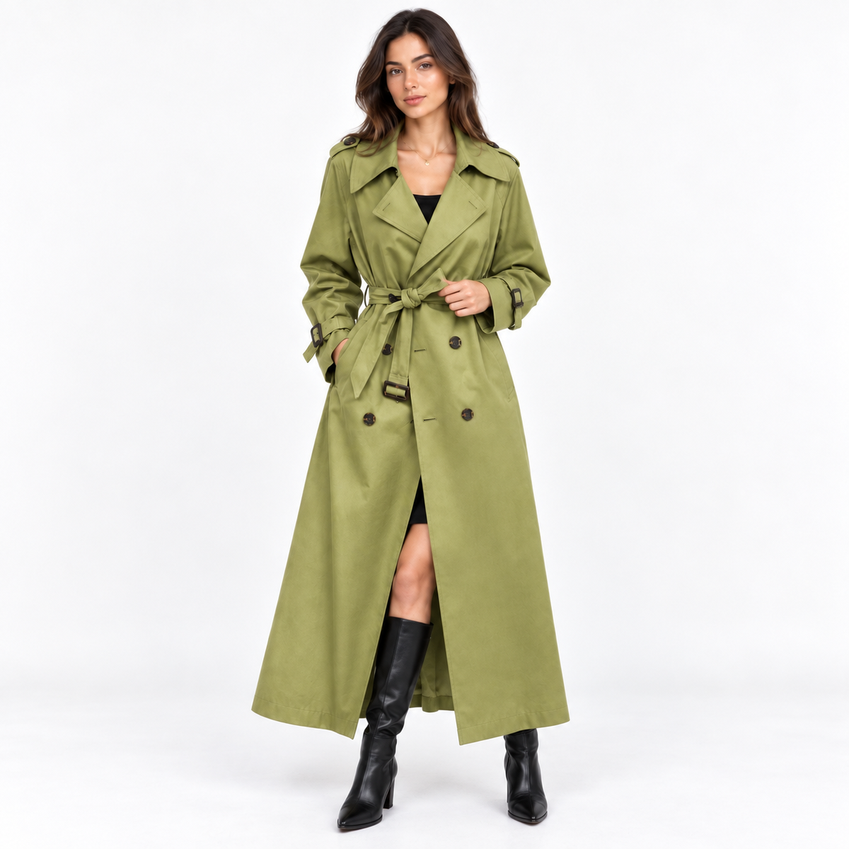 Women's British Style Mid-Length Windbreaker Coat — avocado front