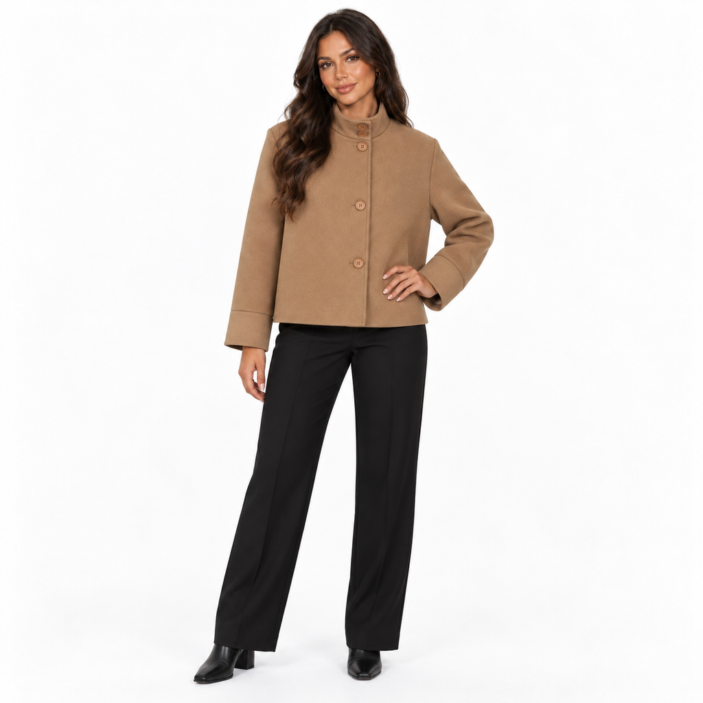 Womens Stand Collar Button Woolen Jacket — brown front