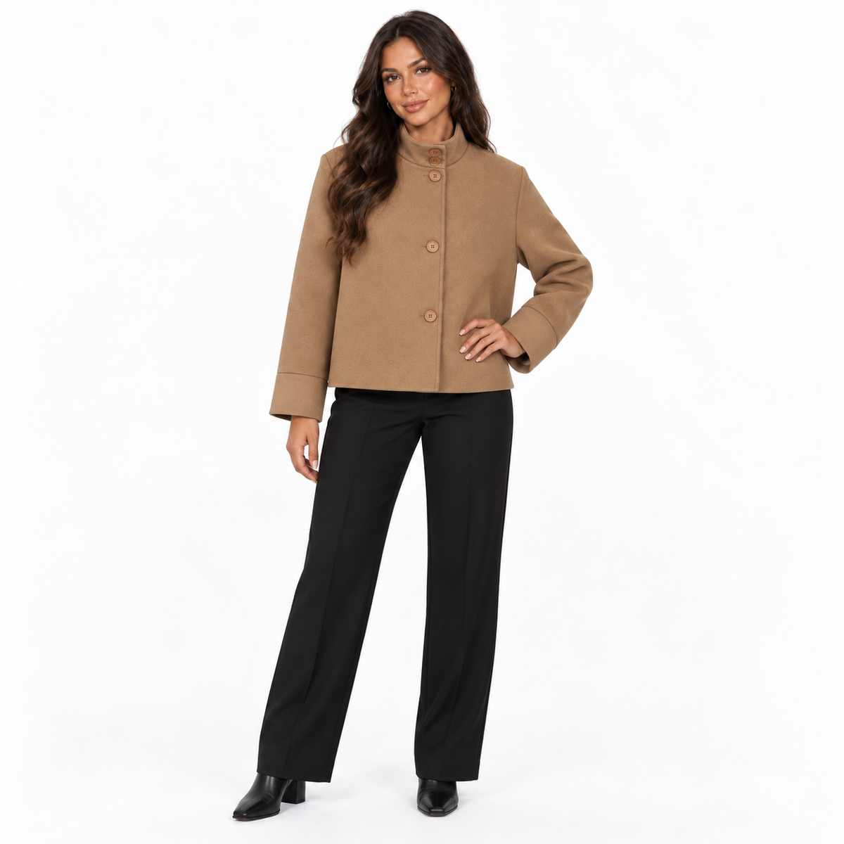 Womens Stand Collar Button Woolen Jacket — brown front