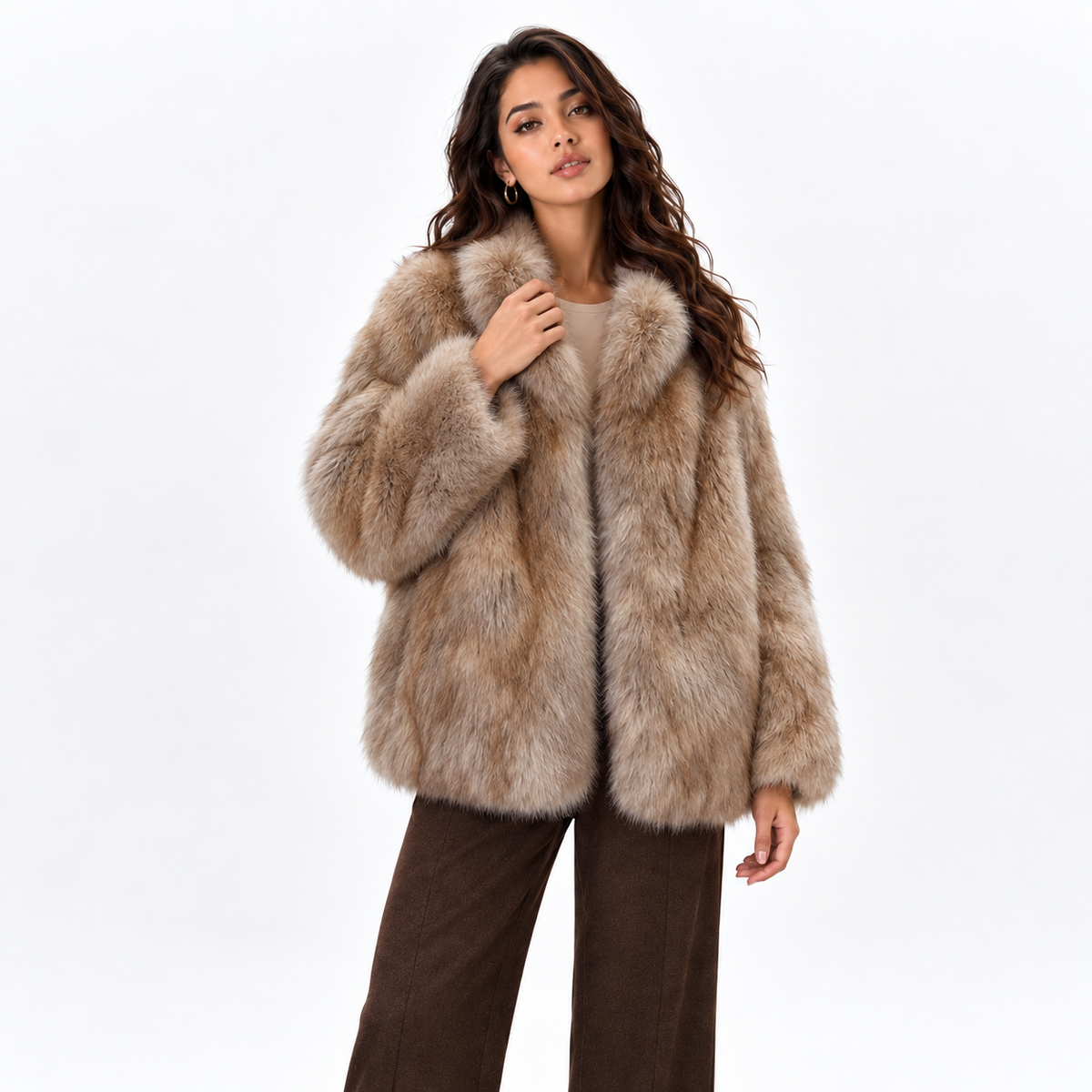 Womens Mid-Length Imitation Fur Coat — ink dyed gilt walnut coffee front