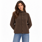 Stand-Up Collar Long-Sleeved Knitted Cardigan — brown front