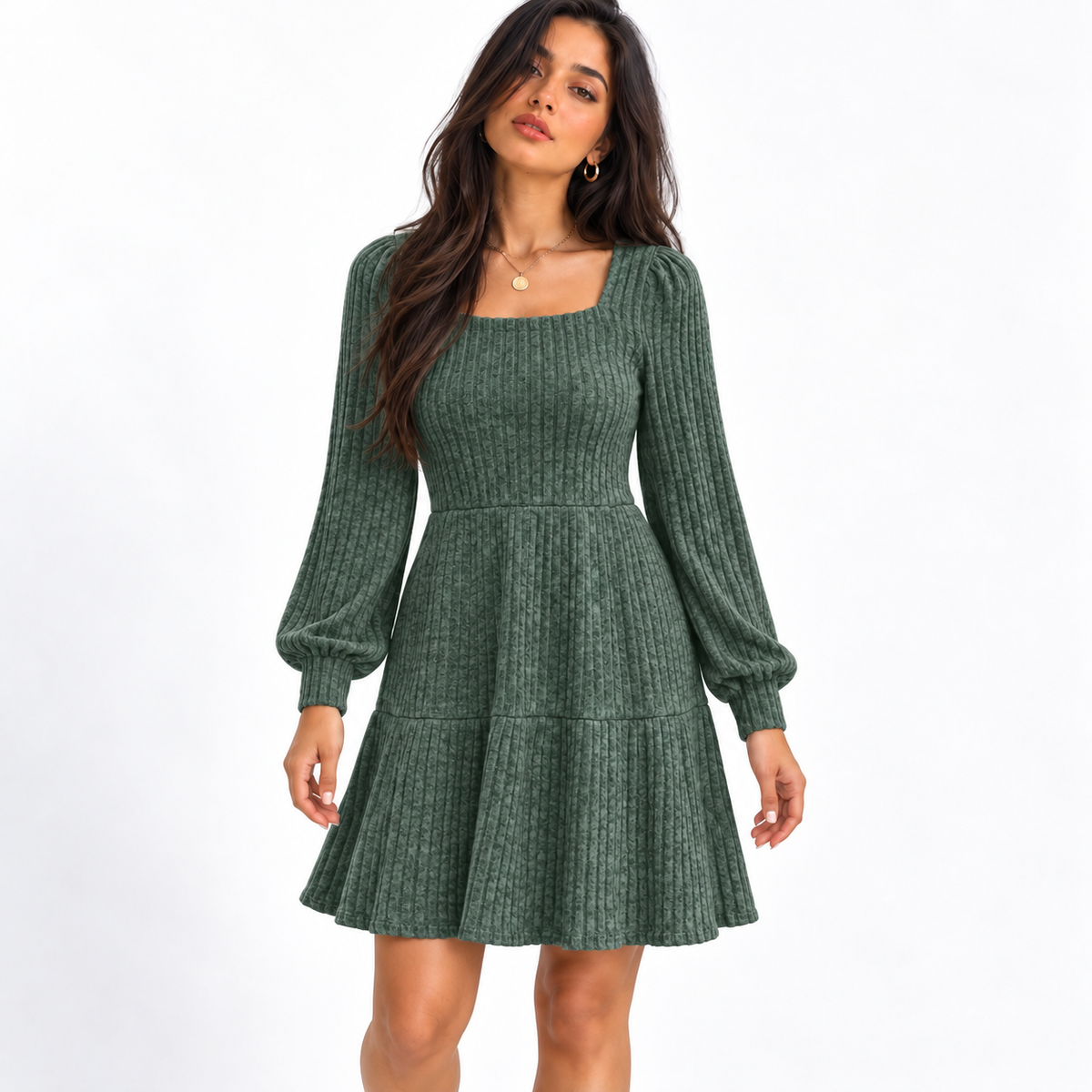Women's Square Collar Long Sleeve Sweater Dress — green front