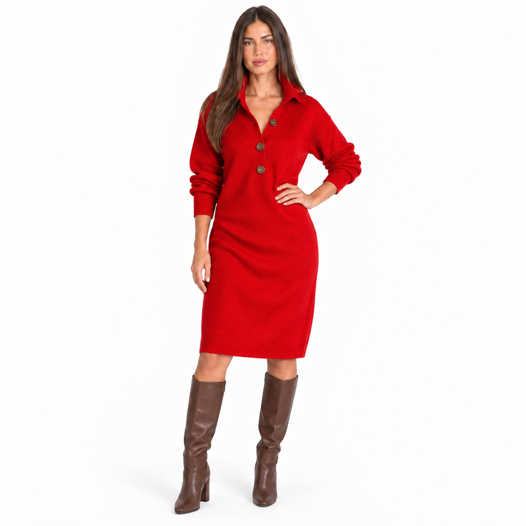 Casual collared loose-fitting mid-length sweater dress — red front