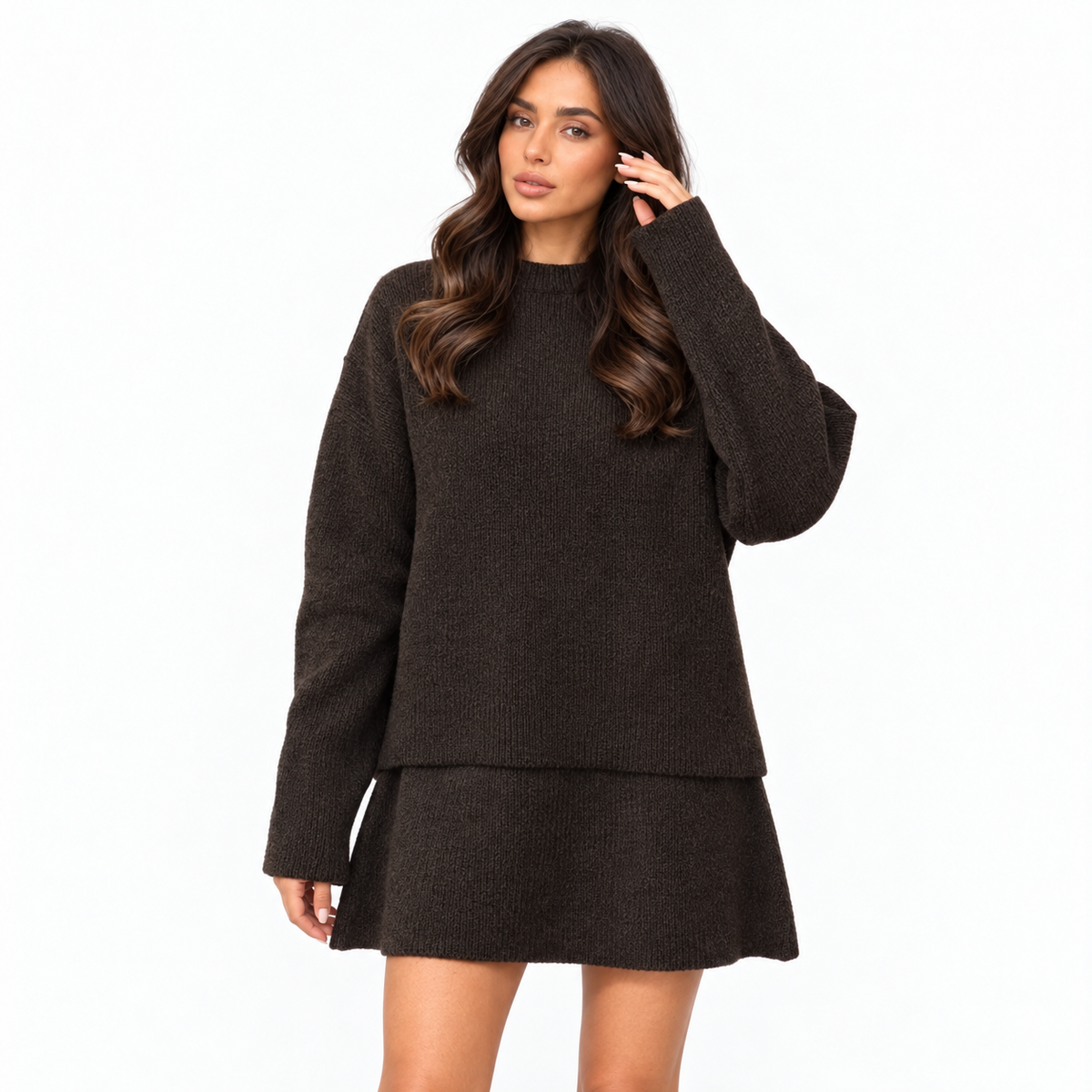 Women's Casual Knit Sweater and Skirt Set — coffee front