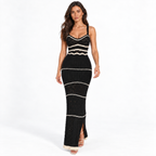 Off-Shoulder Striped Knit Long Dress — wo3842 black front