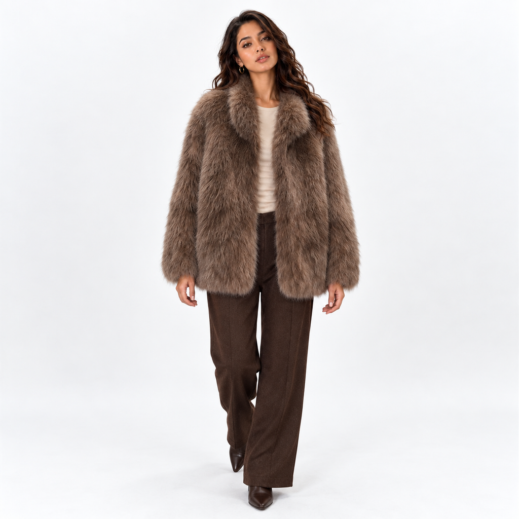 Womens Mid-Length Imitation Fur Coat — smudged pinecone brown coffee front