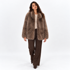 Womens Mid-Length Imitation Fur Coat — smudged pinecone brown coffee front