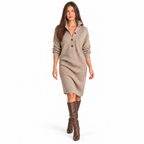 Casual collared loose-fitting mid-length sweater dress — brown front