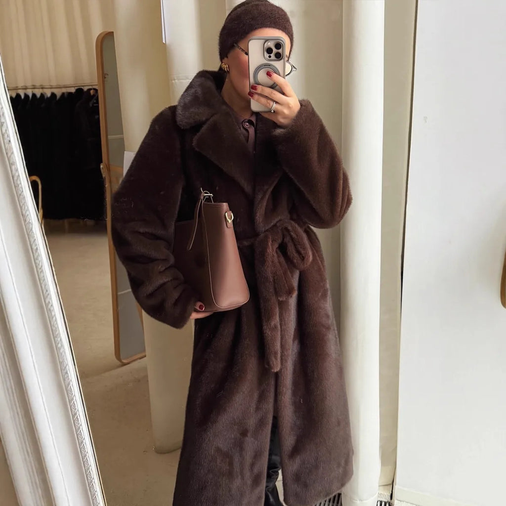 Mooi Muse Winterjas Dames - Imitatiebont, Lang met Ceintuur