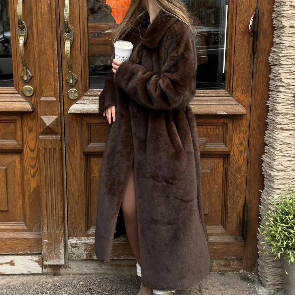 Mooi Muse Winterjas Dames - Imitatiebont, Lang met Ceintuur