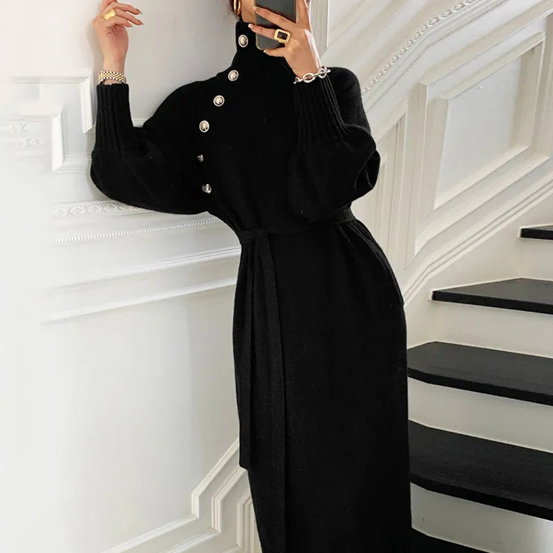 Mooi Muse Gebreide Jurk Dames - Midi met Knopen & Ceintuur