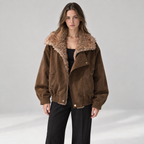 Mooi Muse bomberjack met bontkraag en bloemdetails — Brown — vooraanzicht