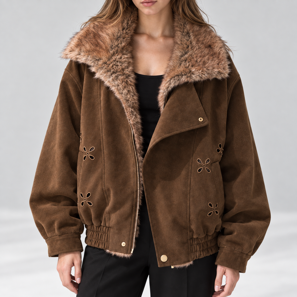 Mooi Muse bomberjack met bontkraag en bloemdetails — Brown — detail