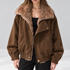 Mooi Muse bomberjack met bontkraag en bloemdetails — Brown — detail