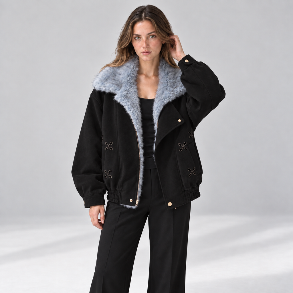 Mooi Muse bomberjack met bontkraag en bloemdetails — Black — vooraanzicht
