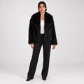 Short and fashionable fox fur coat, fluffy and plush women's clothing — Black — front — studio 16-1