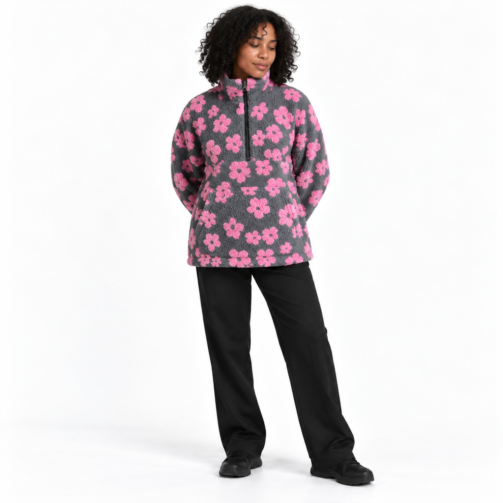 Down puffer flowered pullover — Pink gray — front — studio 47-2