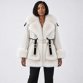Women's mid-length fur coat with large fur collar and tie — Off-White — front — studio 20-1