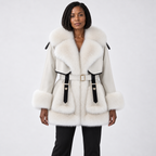 Women's mid-length fur coat with large fur collar and tie — Off-White — front — studio 20-1