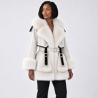 Women's mid-length fur coat with large fur collar and tie — Off-White — three_quarter — studio 20-2