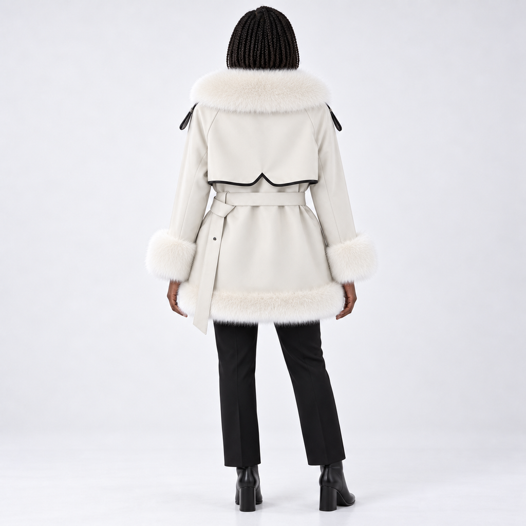 Women's mid-length fur coat with large fur collar and tie — Off-White — back — studio 20-3