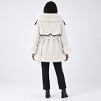 Women's mid-length fur coat with large fur collar and tie — Off-White — back — studio 20-3