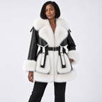 Women's mid-length fur coat with large fur collar and tie — Black — front — studio 20-4