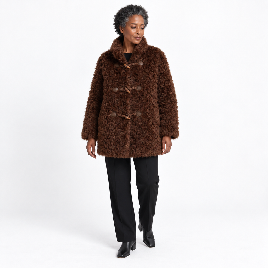 Women's sheepskin fur coat — Brown — front — studio 21-4