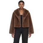 Faux Fur Lapel Collar Women's Short Coat — Brown one-word collar — front — studio 22-1
