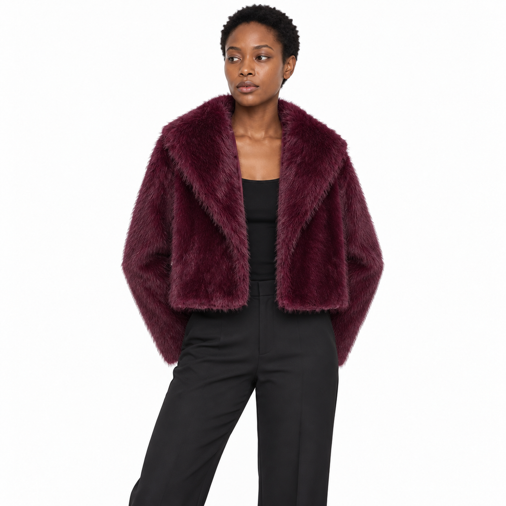 Faux Fur Lapel Collar Women's Short Coat — Burgundy one-word collar — front — studio 22-3