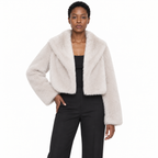 Faux Fur Lapel Collar Women's Short Coat — Off-white off-the-shoulder — front — studio 22-4