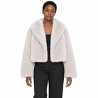 Faux Fur Lapel Collar Women's Short Coat — White off-the-shoulder — front — studio 22-5
