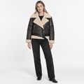 Womens Belted Lapel Faux Leather Fleece Lined Jacket — Khaki — front — studio 11-1