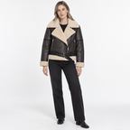 Womens Belted Lapel Faux Leather Fleece Lined Jacket — Khaki — front — studio 11-1