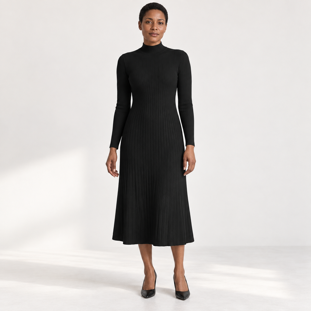 Womens Half Turtleneck Knitted Dress — Black — front — studio 40-1