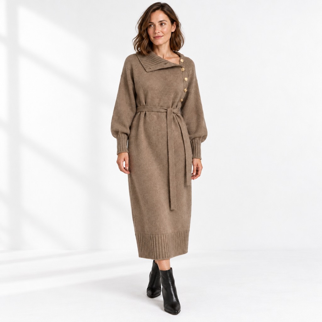 Women's Knitted Long Dress — Khaki — three_quarter — studio 41-2