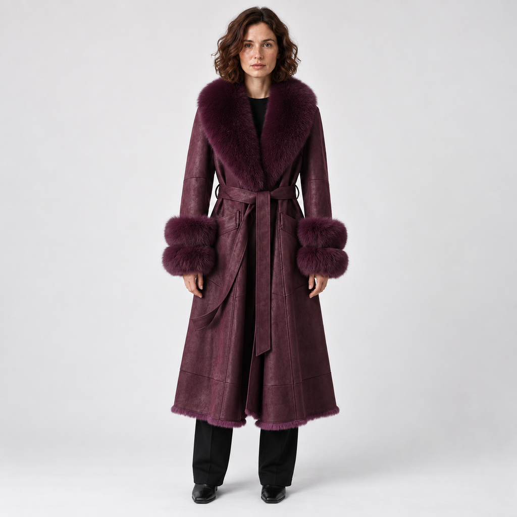 Imitation Rabbit Fur Mid-Length Coat with Faux Fox Collar — Vivid Purple — front — studio 25-1