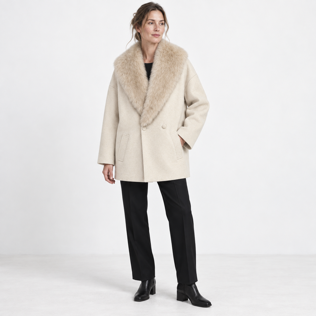 Winterjas Dames Met Bontkraag – Halflang, Crèmewit — Cream — front — studio 24-1