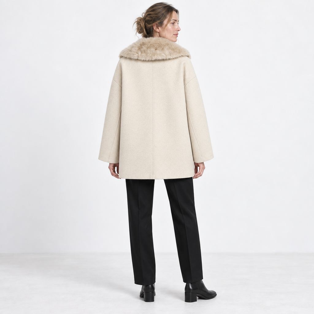 Winterjas Dames Met Bontkraag – Halflang, Crèmewit — Cream — back — studio 24-3