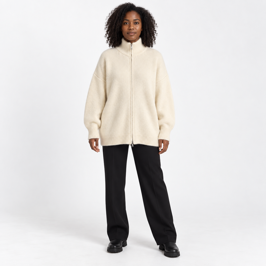 Womens Loose Knit Cardigan with High Collar — Off-white — front — studio 37-1