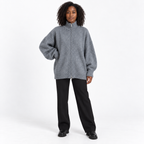 Womens Loose Knit Cardigan with High Collar — Dark gray — front — studio 37-3