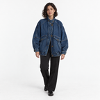 Vintage Stand Collar Denim Bomber Jacket — Denim dark blue — front — studio 3-1