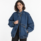 Vintage Stand Collar Denim Bomber Jacket — Denim dark blue — detail — studio 3-3